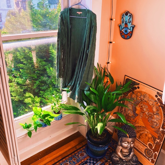 Vintage Sweaters - Boho Moss Green Crochet Longline Gemini Cardi ✨